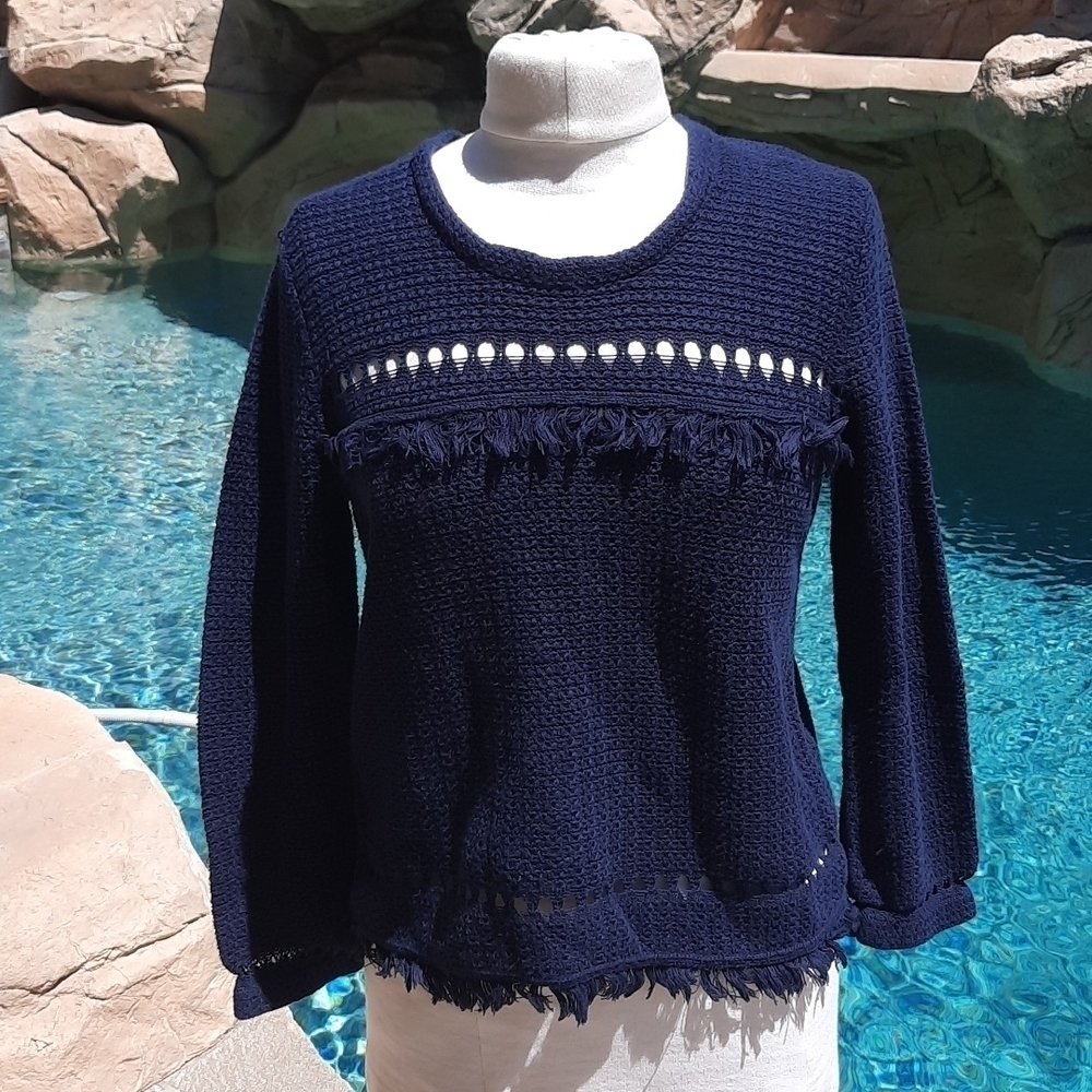 J.Crew medium navy blue knit sweater with fringe detail